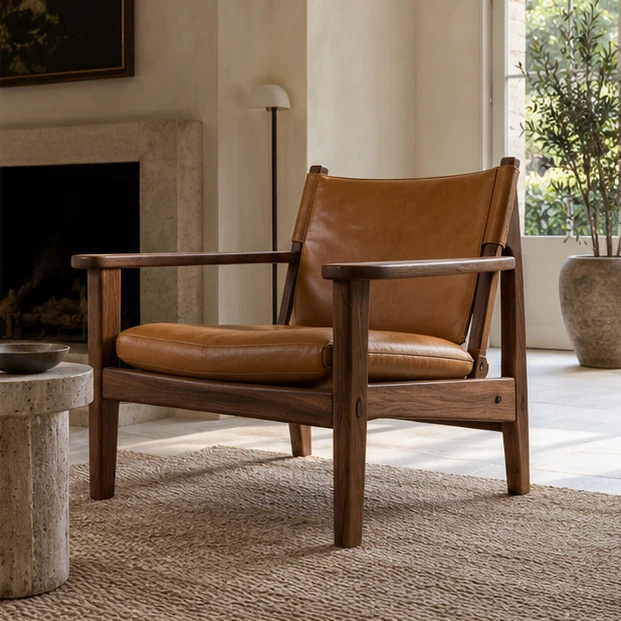 Fauteuil Noyer N°02 — Noyer français · cuir naturel